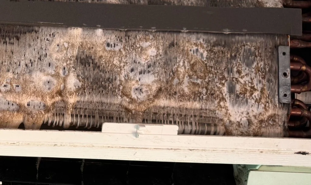 Dirt and foam between the evaporator fins