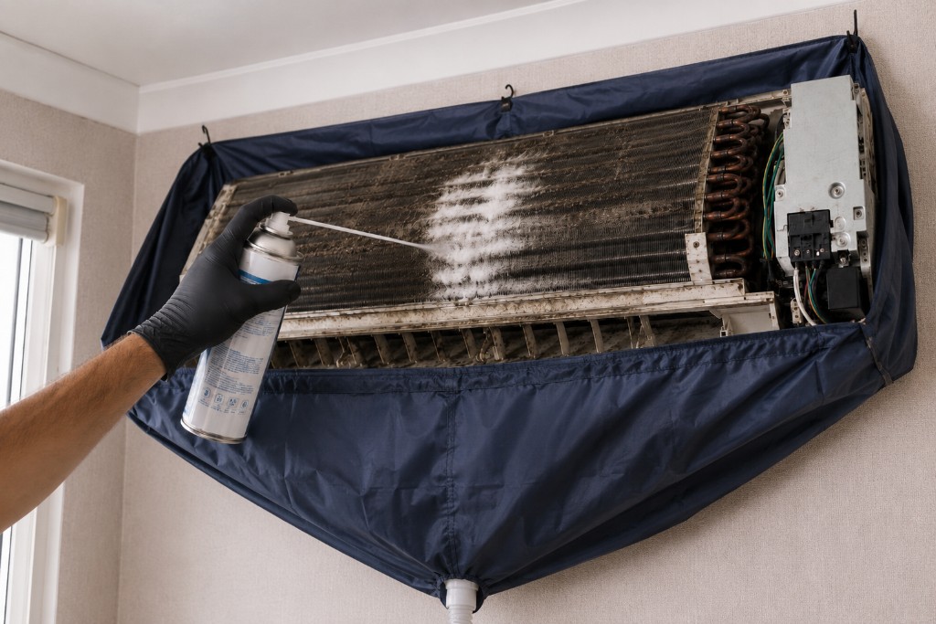 Cleaning foam applied to the evaporator.