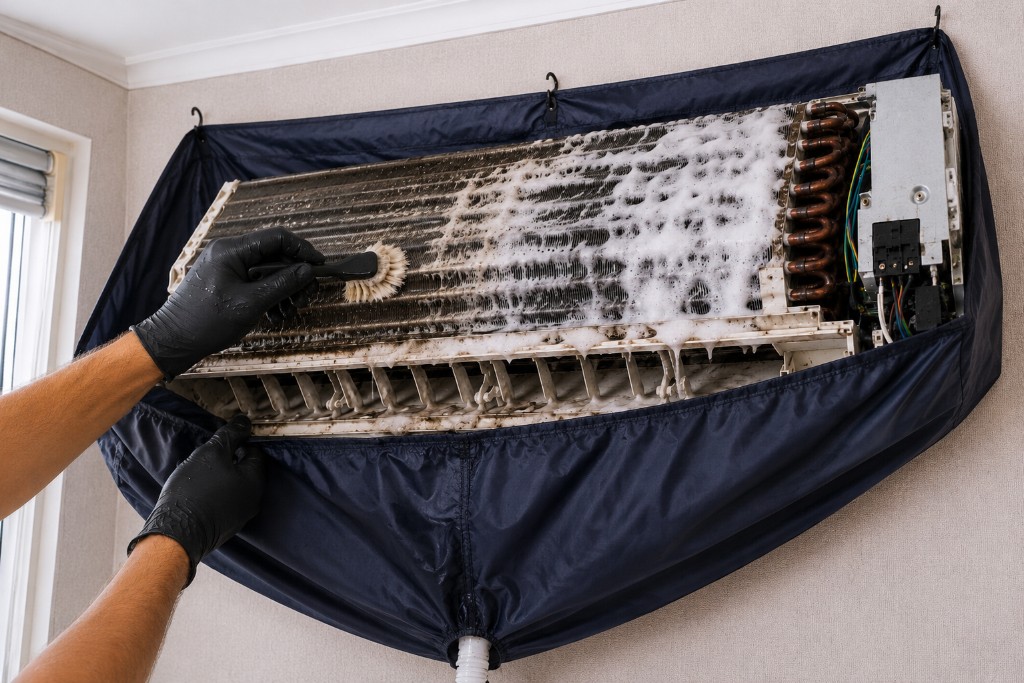 Brushing the evaporator during cleaning.