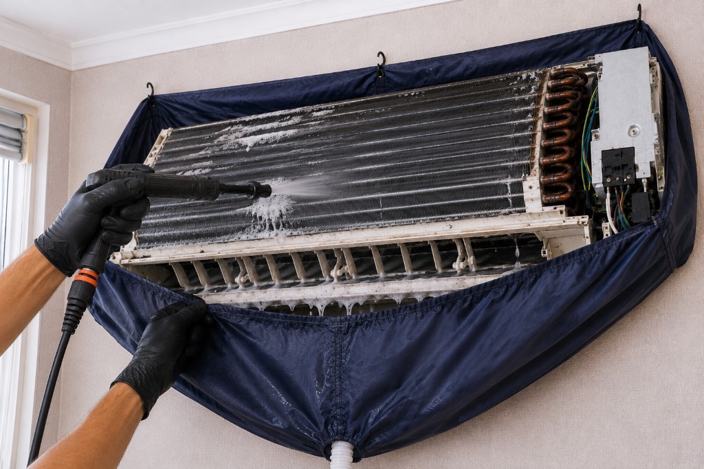 Rinsing the evaporator after removing grime.