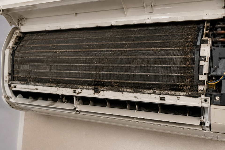 Evaporator with heavy dust and grime (before).
