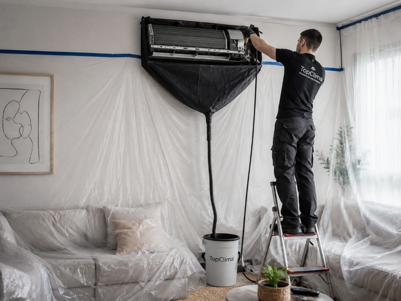 Covering furniture and floors before starting air conditioner cleaning.