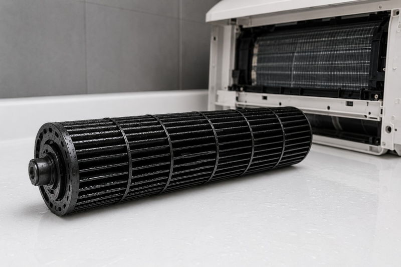 Blower wheel cleaning and condensate drain check on the indoor unit.