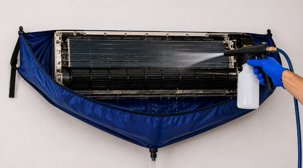Deep cleaning of a wall-mounted split: catch bag fitted and pressurised rinse on the evaporator fins.