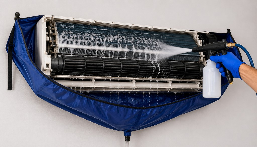 Foam cleaning of the indoor unit with professional tools and a protective service bag to contain runoff.