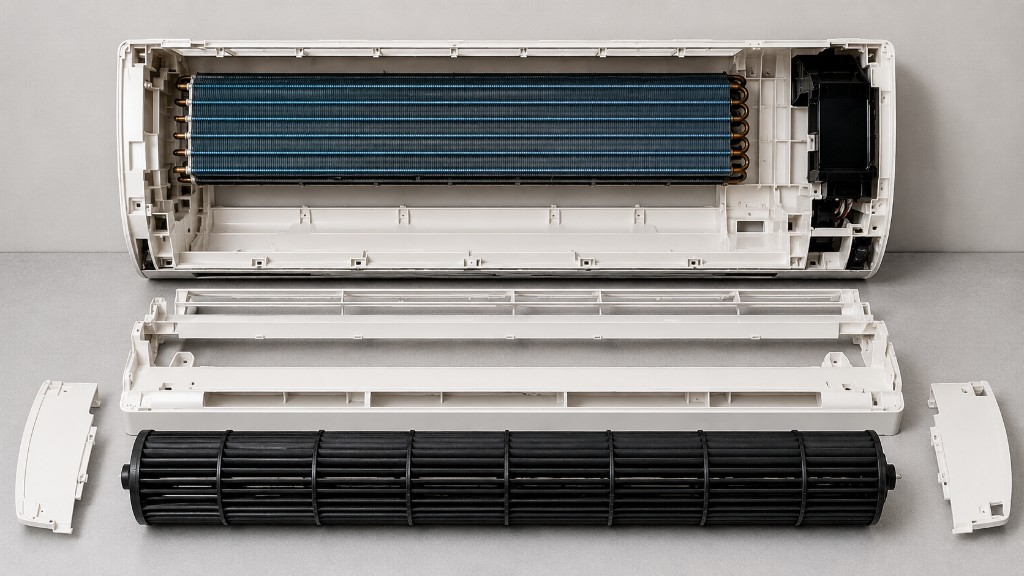 Cleaning a larger indoor or cassette unit: spray rinse and wastewater collection with a hose.