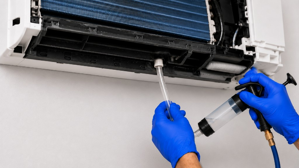 Cleaning and clearing the split condensate drain with a manual pump and professional access to the drain port.