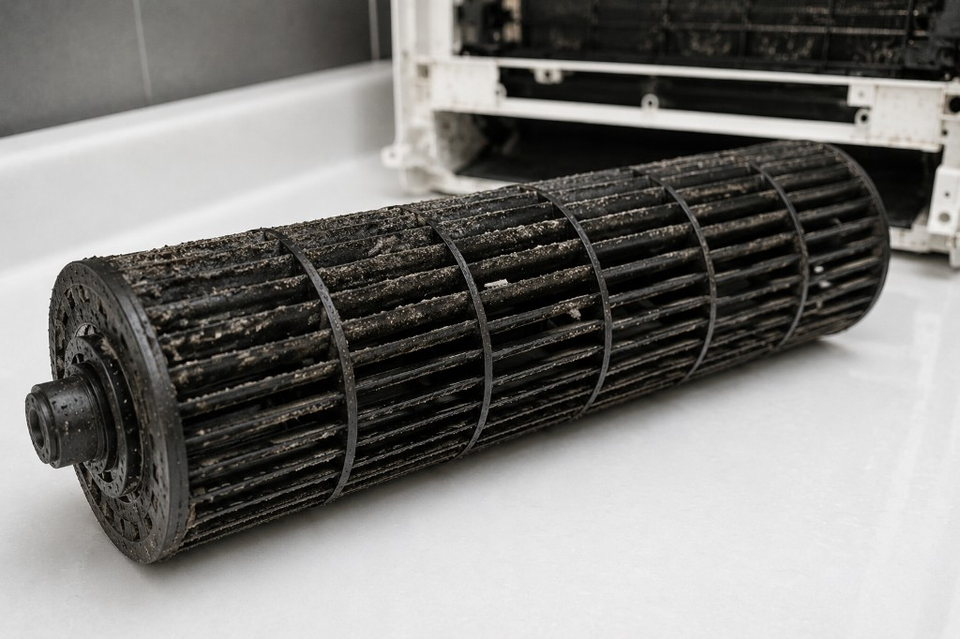 Very dirty air conditioner fan wheel before cleaning.